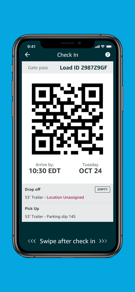 Amazon Relay - Amazon Relay mobile app screen showing a digital gate pass and QR code for driver check in