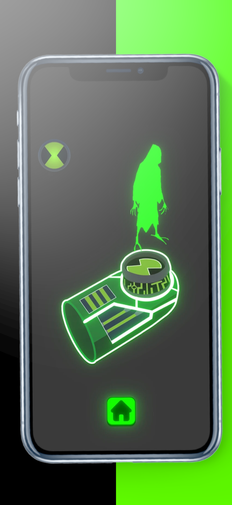 Omnitrix Simulator 2D - Un holograma alienígena verde neón flotando sobre una interfaz de reloj Omnitrix en una pantalla móvil