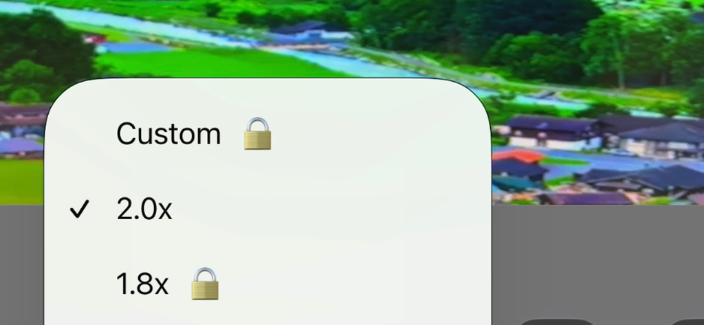 AnamorphicDesqueezer - A close-up of the AnamorphicDesqueezer app interface showing a selection menu for anamorphic desqueeze ratios including 2.0x and 1.8x.