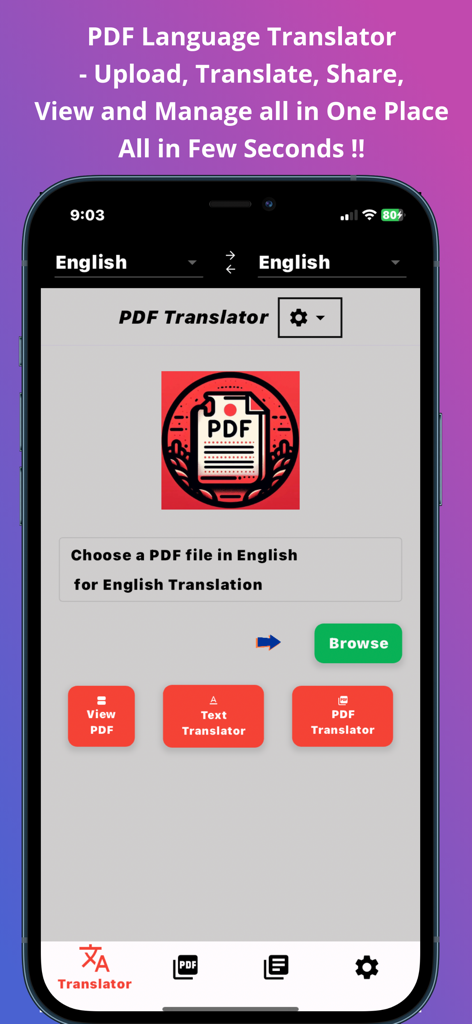 PDF Language Translator - Home screen of the PDF Language Translator app on an iPhone