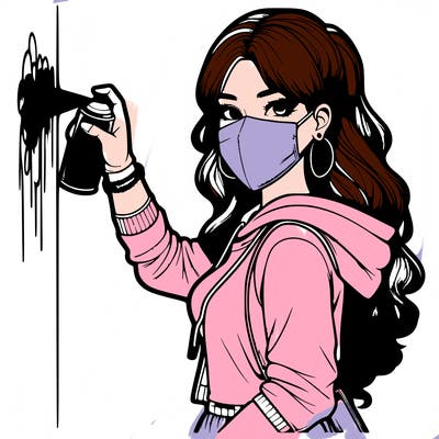 realistic girl with mask spray painting a wall