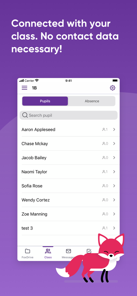 SchoolFox - Schulkommunikation - SchoolFox mobile app screen displaying a class list of pupils with a focus on private communication.