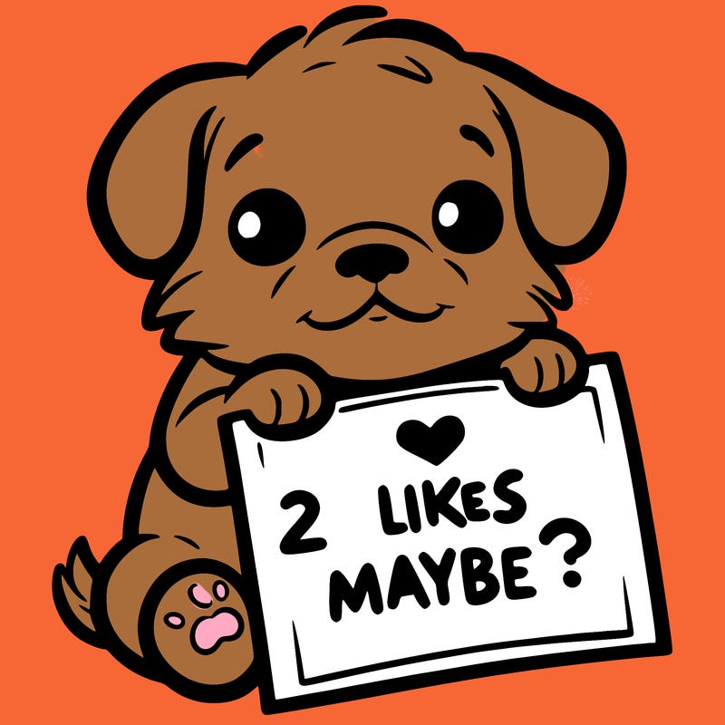 a puppy holding a sign that says 2 likes maybe?