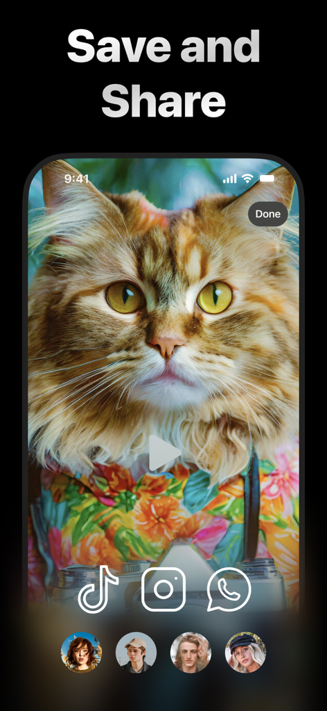 Interfaz de la aplicación VidAI que muestra un vídeo generado de un gato con opciones para compartir en TikTok e Instagram