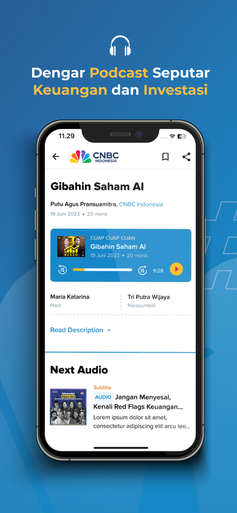 CNBC Indonesia - Market News - Mobile app interface for CNBC Indonesia showing a financial podcast player focused on AI stocks and investment advice.