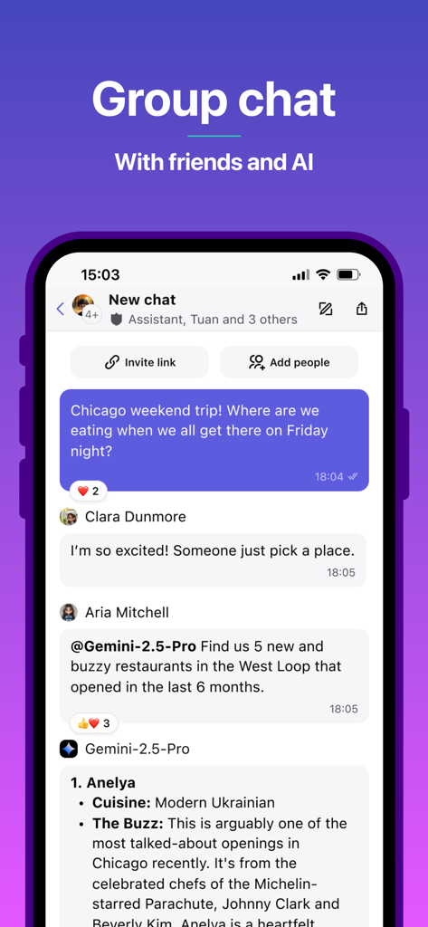 Captura de tela do aplicativo Poe mostrando uma interface de chat em grupo onde amigos colaboram com o modelo Gemini AI.