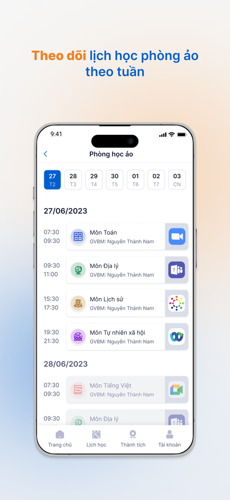 vnEdu LMS - A mobile app screen showing a weekly schedule for virtual classes with various subjects and integrated video call icons.