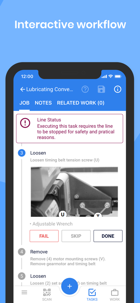 Mobile app interface showing an interactive maintenance workflow for a lubricating conveyor task with safety alerts and step by step instructions