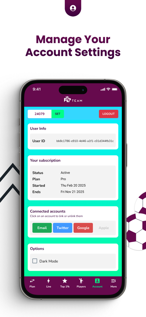 FPL Team - Die Kontoeinstellungen der FPL Team App, die den Pro-Abonnementstatus und verbundene Konten anzeigt