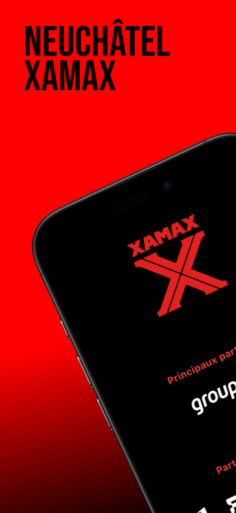 Neuchatel Xamax FCS - OFFICIEL - Smartphone displaying the official Neuchatel Xamax FCS app splash screen with the club logo