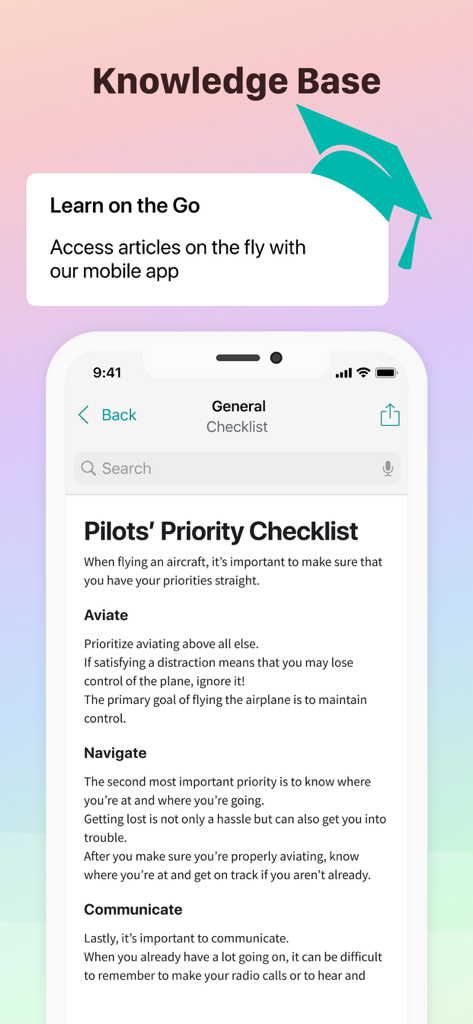 Pyrus · Team Communication - Pyrus app knowledge base interface showing a pilots priority checklist