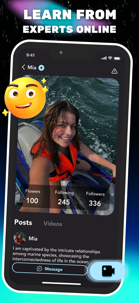 Interfaz de la app móvil Zingo mostrando la página de perfil de un experto en buceo con estadísticas de seguidores y biografía de vida marina