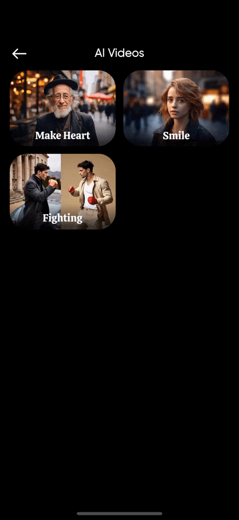 HVid : Ai Cloth Changer - Interface do aplicativo HVid mostrando opções de criação de vídeo de IA para gestos de coração, sorrisos e efeitos de luta
