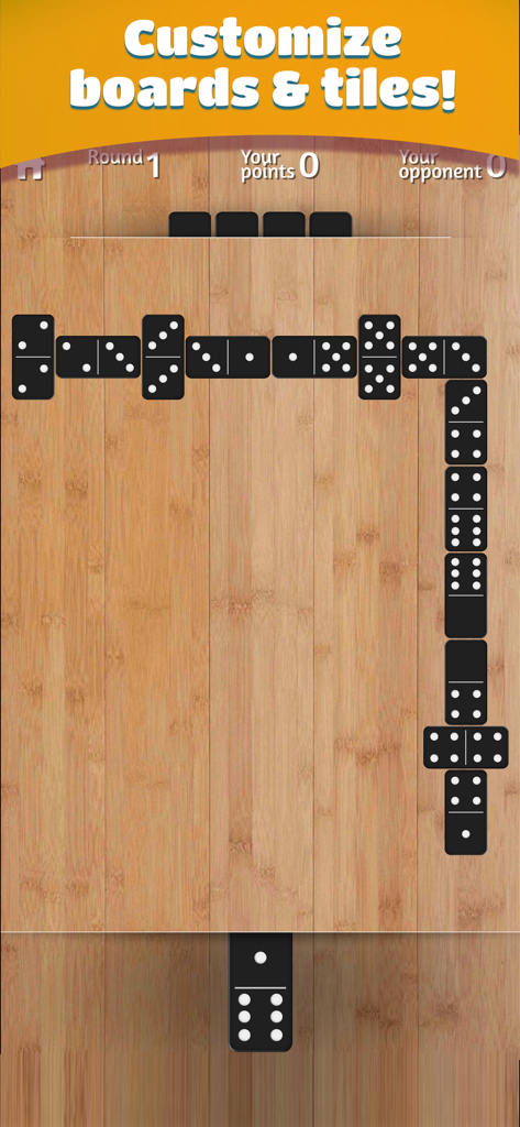 A game of Dominoes in progress on a wooden board with black tiles and a customization header