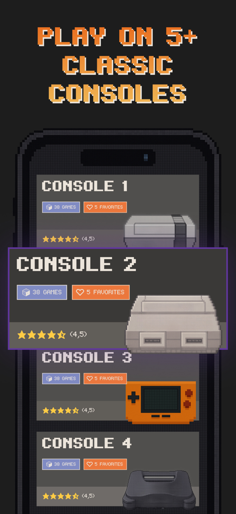 Retra app interface displaying a list of five classic game consoles with retro pixel art icons and a library of games.