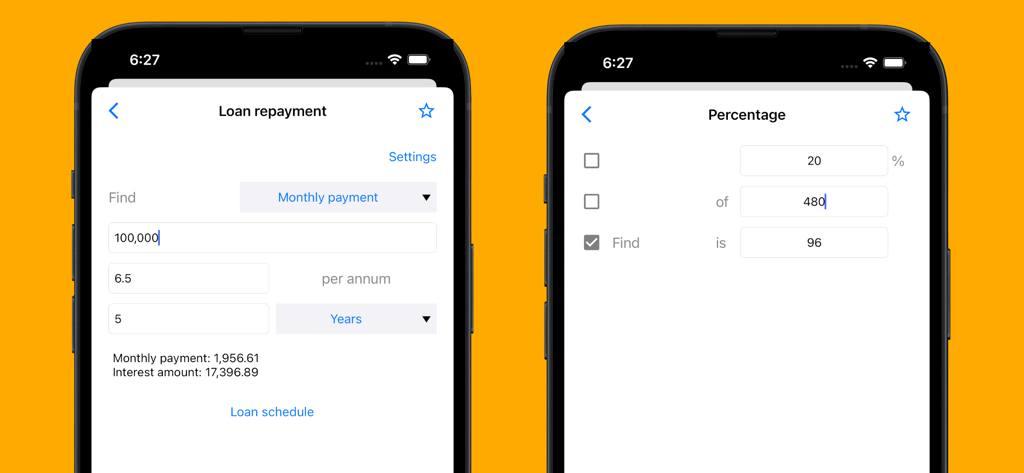 Interfaccia mobile di OneCalc Plus che mostra gli strumenti di calcolo del rimborso del prestito e della percentuale