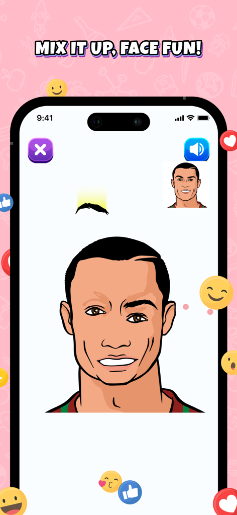 Gameplay screen of Face Mash app showing a cartoon character face being assembled with floating emojis and mix it up text