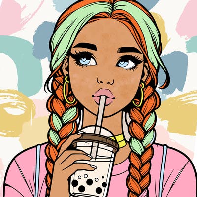 realistic girl with braided hair drinking boba