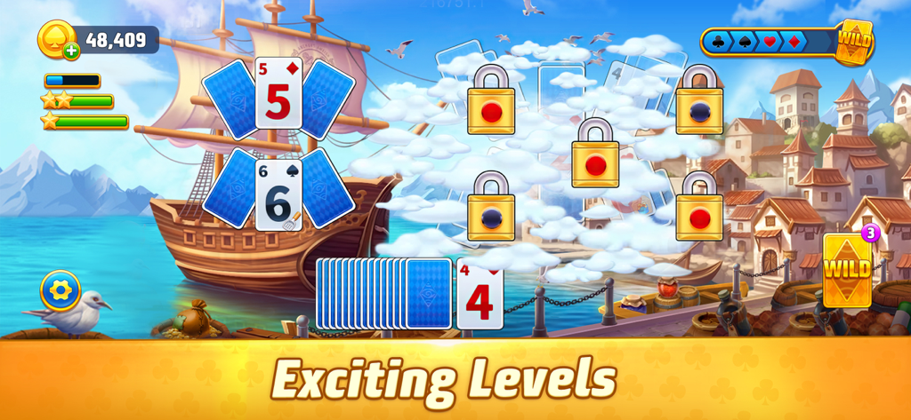 Solitaire TriPeaks Journey - Écran de jeu Solitaire TriPeaks Journey montrant un niveau sur le thème nautique avec des cartes et des cadenas