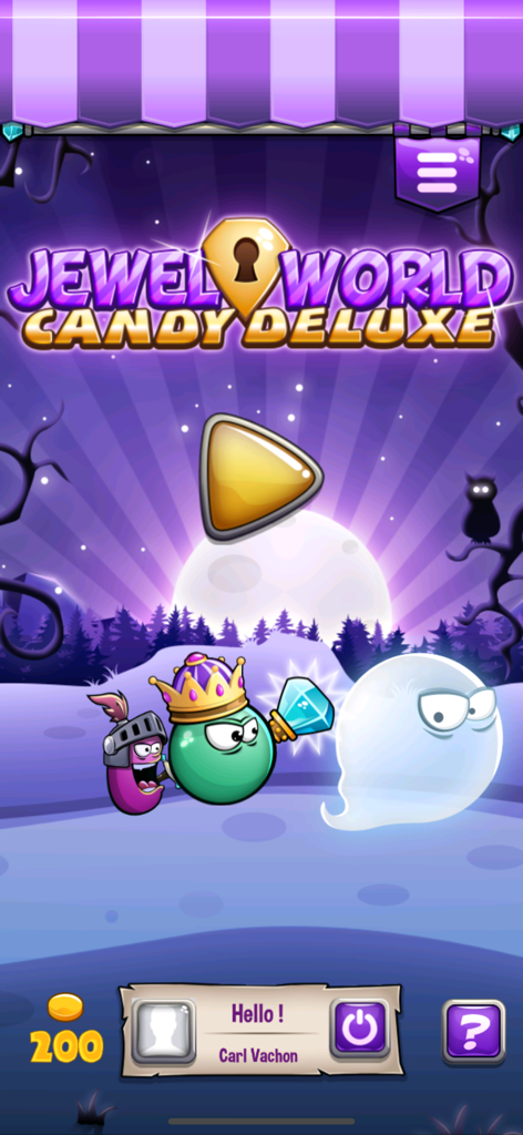 Menú principal del juego Jewel World Candy Deluxe con personajes de dibujos animados y un gran botón de jugar sobre un fondo nocturno morado