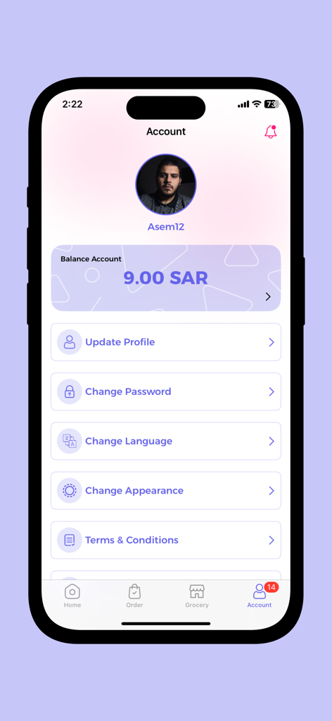 طلباتي بلس - User account interface of Talabati Plus app showing profile balance, language options, and account settings.