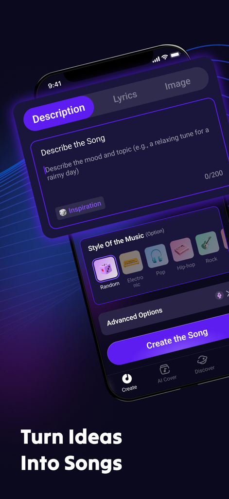 Interfaz móvil de Rythmix que muestra la entrada de descripción de la canción y la selección de estilo musical
