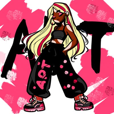 girl in baggy pants crop top and long hair