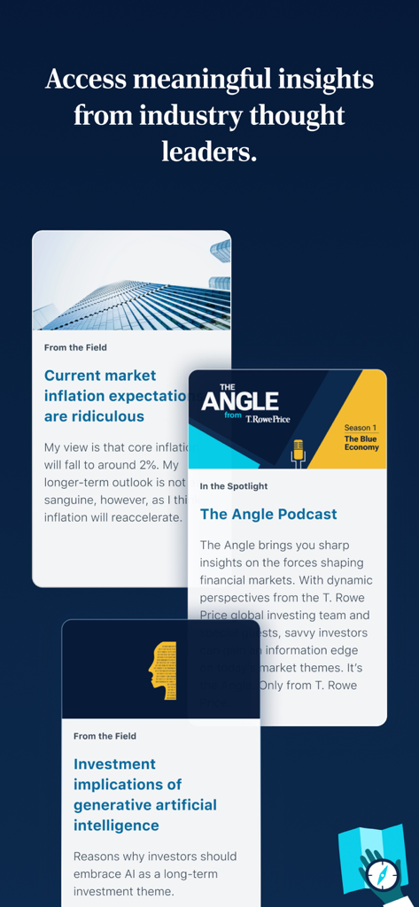 Schermata dell'app T. Rowe Price che mostra articoli di investimento e podcast di leader del settore