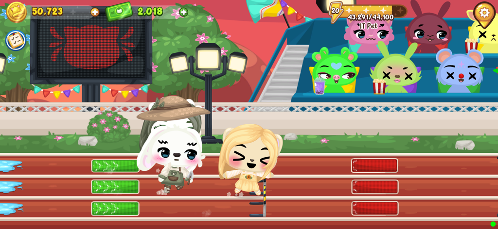 Happy Pet Island - Cute pet characters competing in a track and field hurdles race mini game