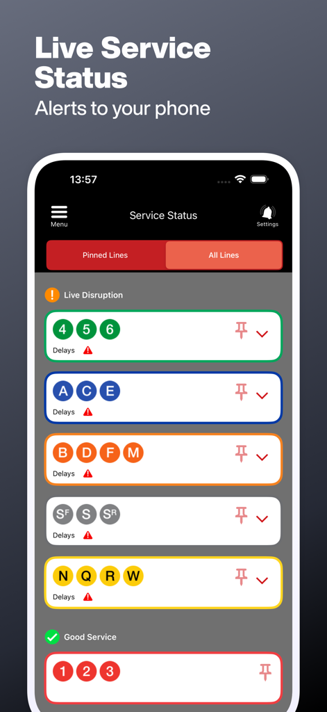 Mobile app interface showing live service status and delays for various New York City subway lines