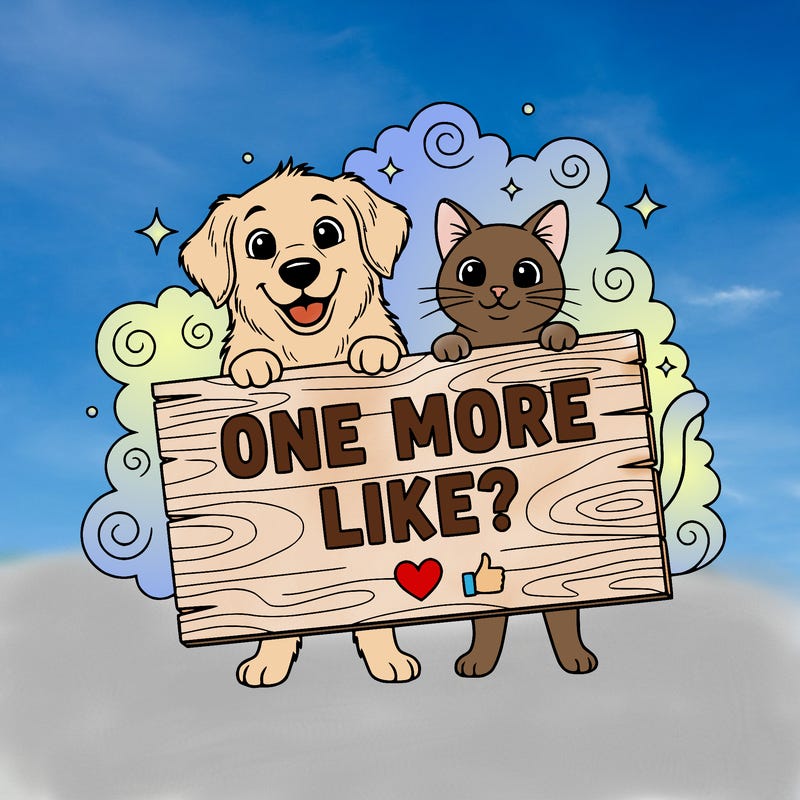 please create a dog and cat holding a sign and on the sign it says one more like?