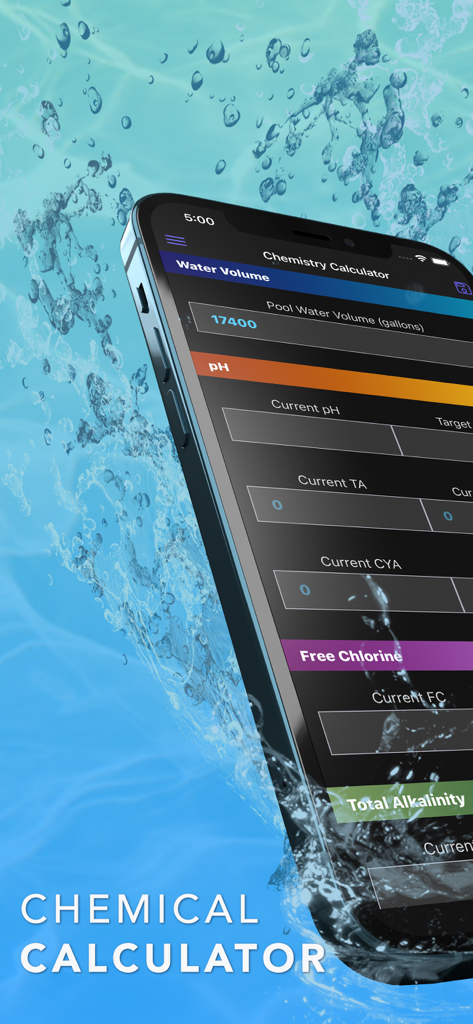 iPhone displaying the Pool Water Calculator app interface for balancing pool chemistry levels