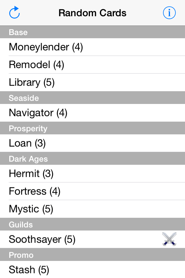 Uma lista aleatória de cartas para o jogo de tabuleiro Dominion organizada por conjunto de expansão