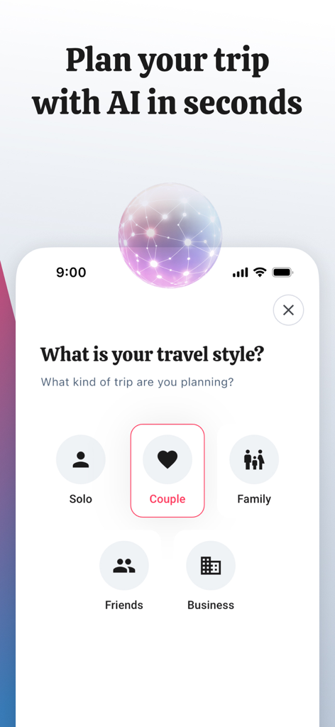TripZen - Travel Planner - TripZen app interface for selecting travel styles like Solo Couple Family Friends or Business to plan a trip with AI.