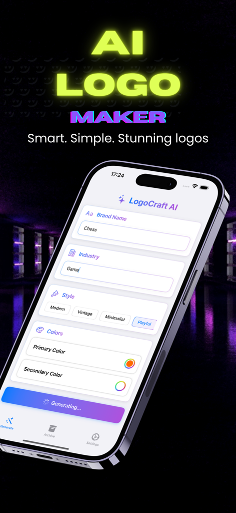 Logo Craft AI: AI Logo Maker - Interfaz de la aplicación Logo Craft AI que muestra campos para ingresar el nombre de la marca y elegir estilos de diseño