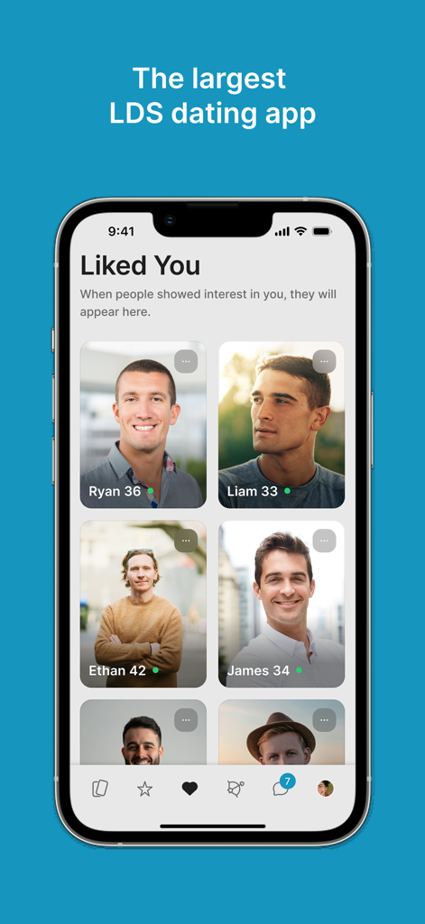 LDS Singles dating app Liked You screen showing profiles of men who showed interest