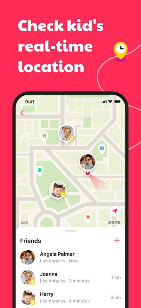 Interface de carte montrant le suivi de localisation en temps réel des enfants sur l'application JusTalk Kids.