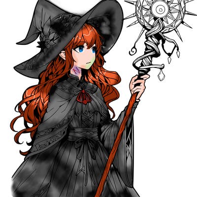 a realistic fantasy manga witch with a staff