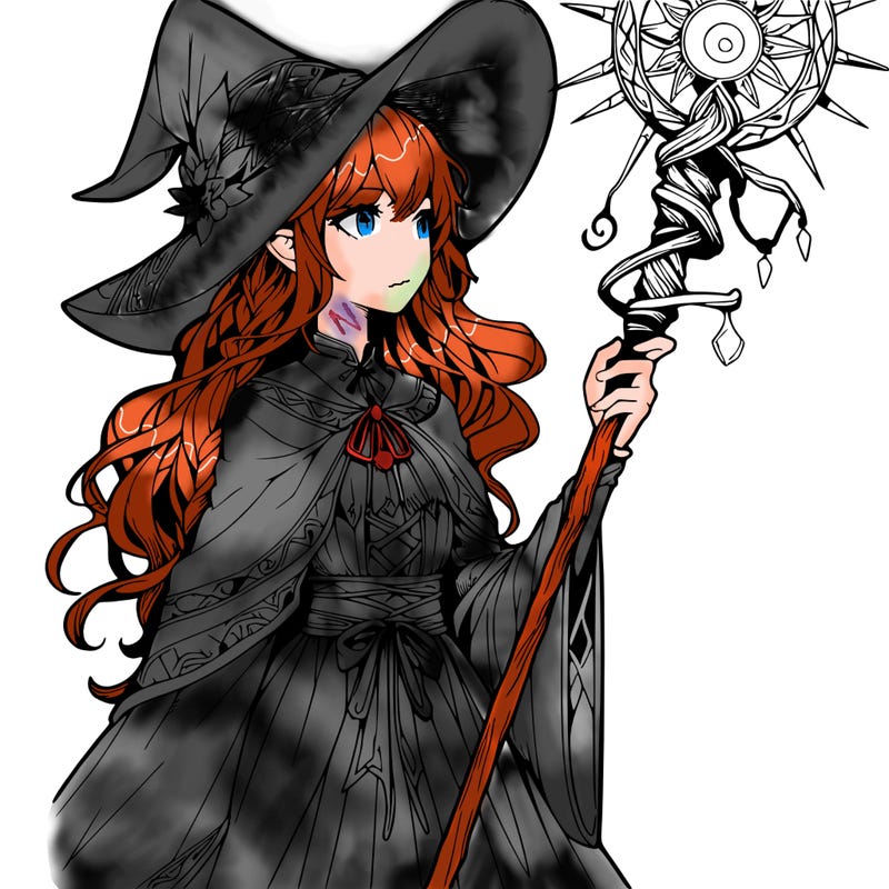 a realistic fantasy manga witch with a staff