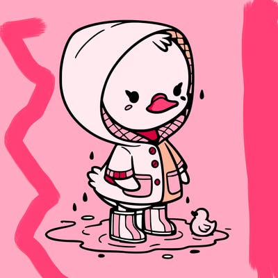 baby duck in a rain coat and boots, in a puddle while it’s raining