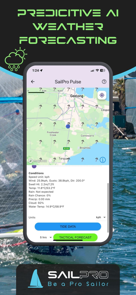 SailPro 앱 인터페이스, 전술 바람 지도 및 상세 해양 조건과 함께 예측 AI 날씨 예보 표시
