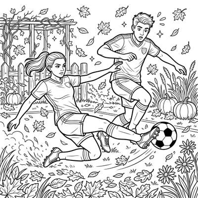 Experience the thrill of a decisive moment on the soccer field with this dynamic coloring page, set against a beautiful autumn backdrop. Bring the energy of the game and the warmth of fall to life with your favorite colors.
