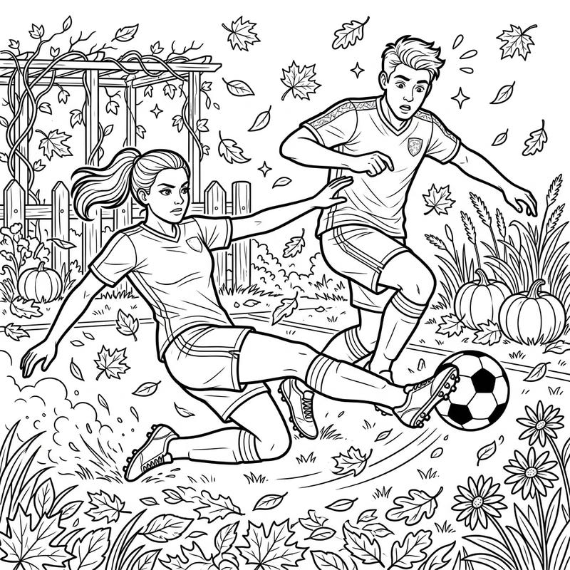 Experience the thrill of a decisive moment on the soccer field with this dynamic coloring page, set against a beautiful autumn backdrop. Bring the energy of the game and the warmth of fall to life with your favorite colors.