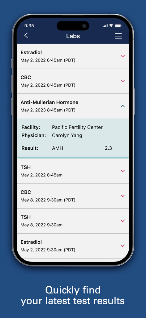 Prelude Connect - Lab results screen in the Prelude Connect fertility app showing hormone and blood test data