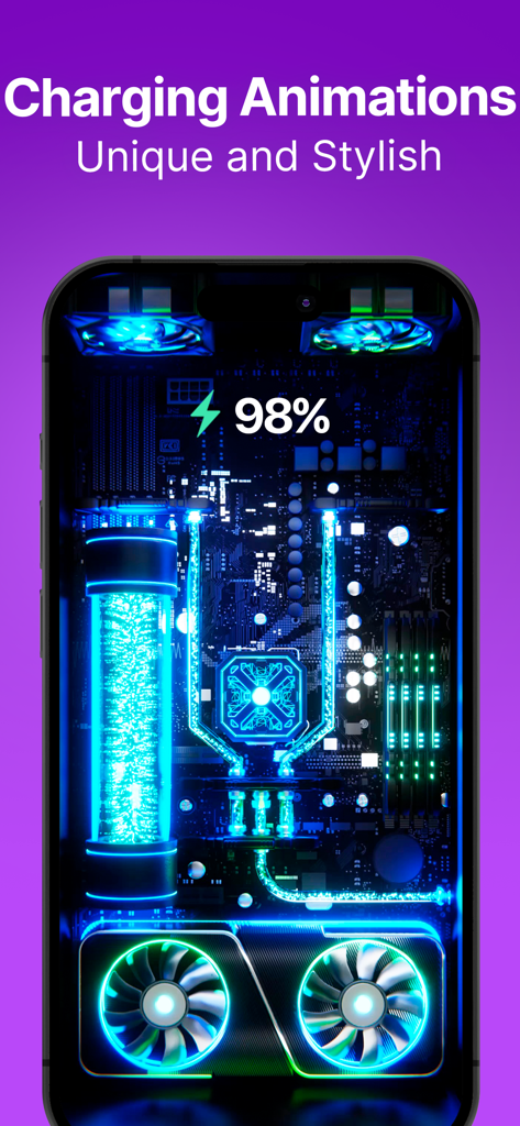 iPhone screen displaying a unique futuristic circuit board charging animation with neon blue lights