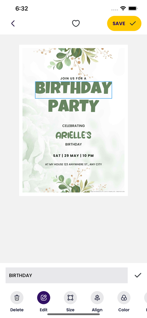 Just Invite: Invitation Maker - Interface of the Just Invite app showing the editing of a floral themed birthday party invitation with various design tools