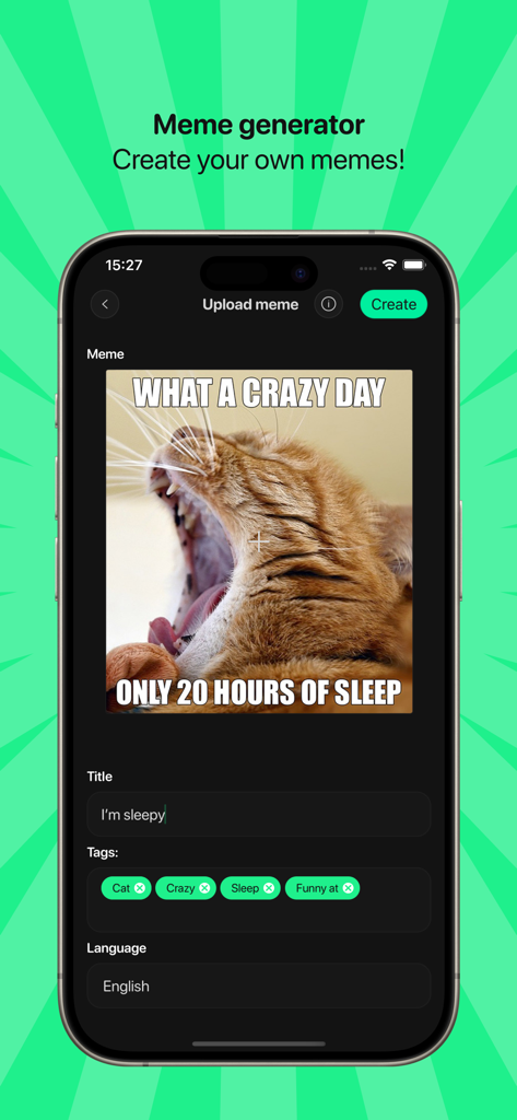 Memedroid: Funny Memes & Gifs - Eine mobile Benutzeroberfläche von Memedroid, die das Meme-Generator-Tool mit einem lustigen Katzenbild und benutzerdefinierten Textunterschriften zeigt.