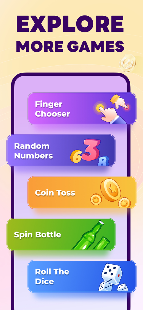 Spin Wheel & Ruleta Para Rifas - Un menu de jeux de sélection supplémentaires dans l'application Spin Wheel, y compris le sélecteur au doigt, les nombres aléatoires, le pile ou face, la bouteille qui tourne et le lancer de dés