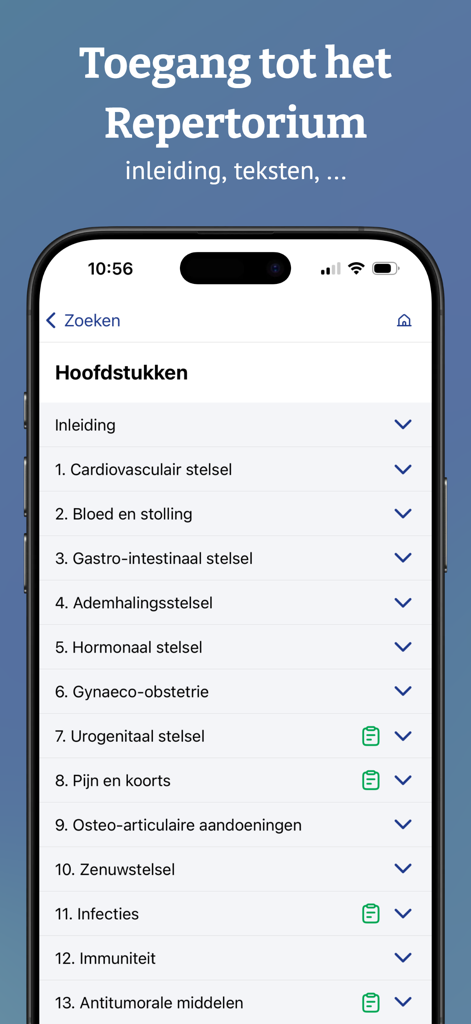 A smartphone screen showing the table of contents for the BCFI medical drug repertory with categories like cardiovascular and respiratory systems.