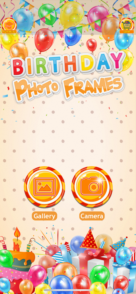 Happy Birthday Photo Editor - Main menu screen of the Happy Birthday Photo Editor app featuring Gallery and Camera options on a festive birthday background.